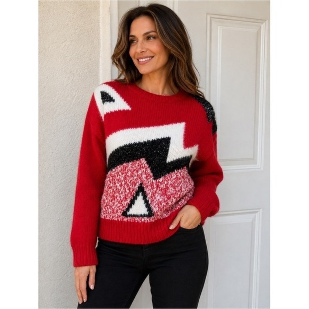 PETITES BY SML. Angora blend, Red, Black & White Sweater. Metallic.